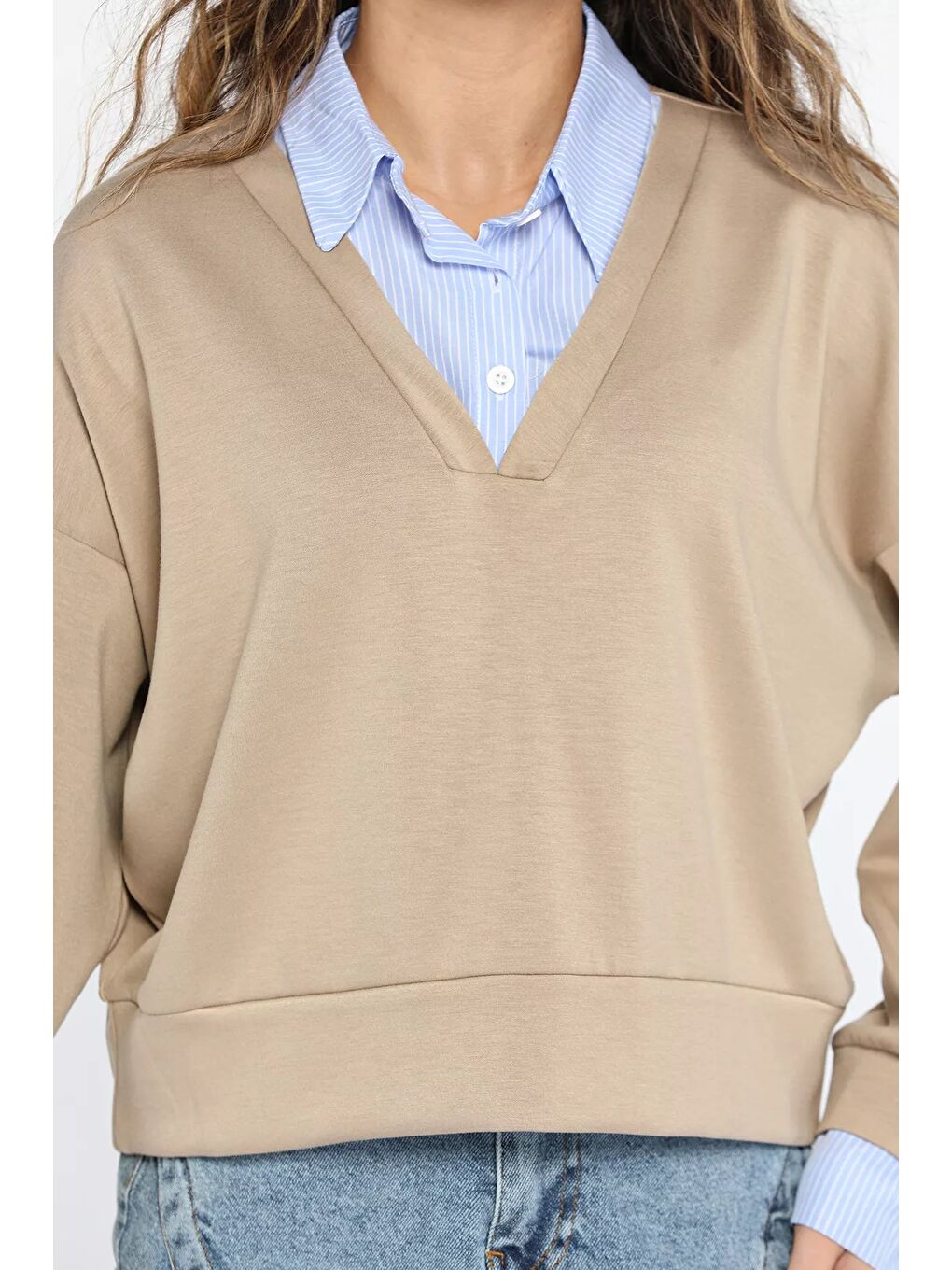 Bej Kadın Gömlek Garnili Sweatshirt-3