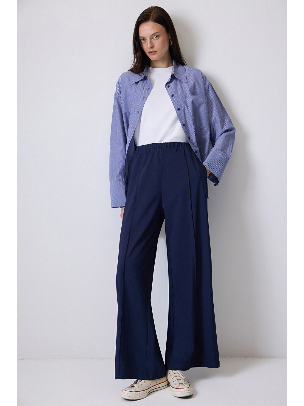 Lacivert Beli Lastikli Nervürlü Pantolon