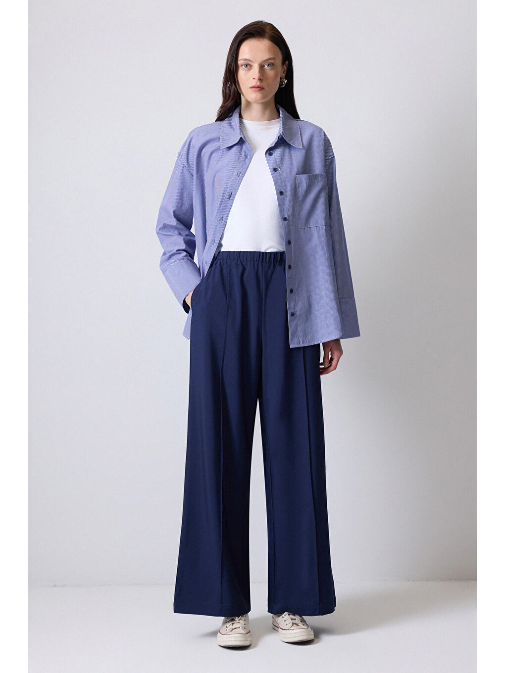 Lacivert Beli Lastikli Nervürlü Pantolon-1