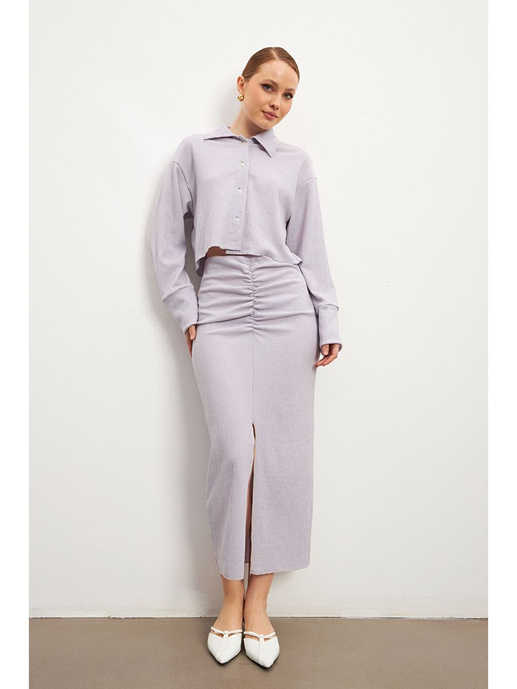 Kadın Lila Uzun Kollu Gömlek Yırtmaçlı Etek Krinkıl Takım