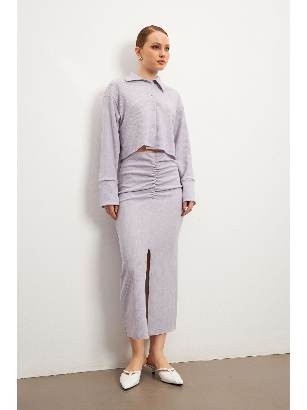 Kadın Lila Uzun Kollu Gömlek Yırtmaçlı Etek Krinkıl Takım-1