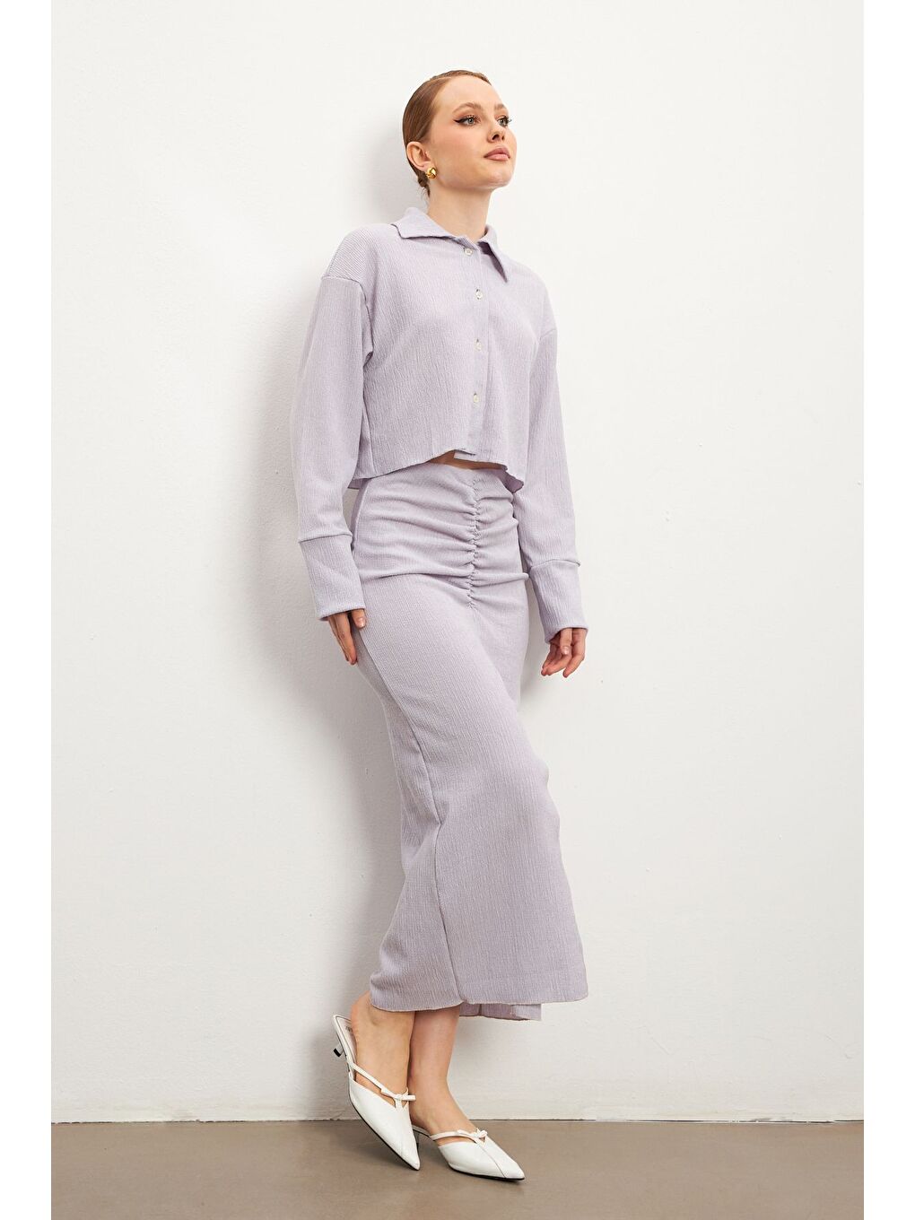 Kadın Lila Uzun Kollu Gömlek Yırtmaçlı Etek Krinkıl Takım-3