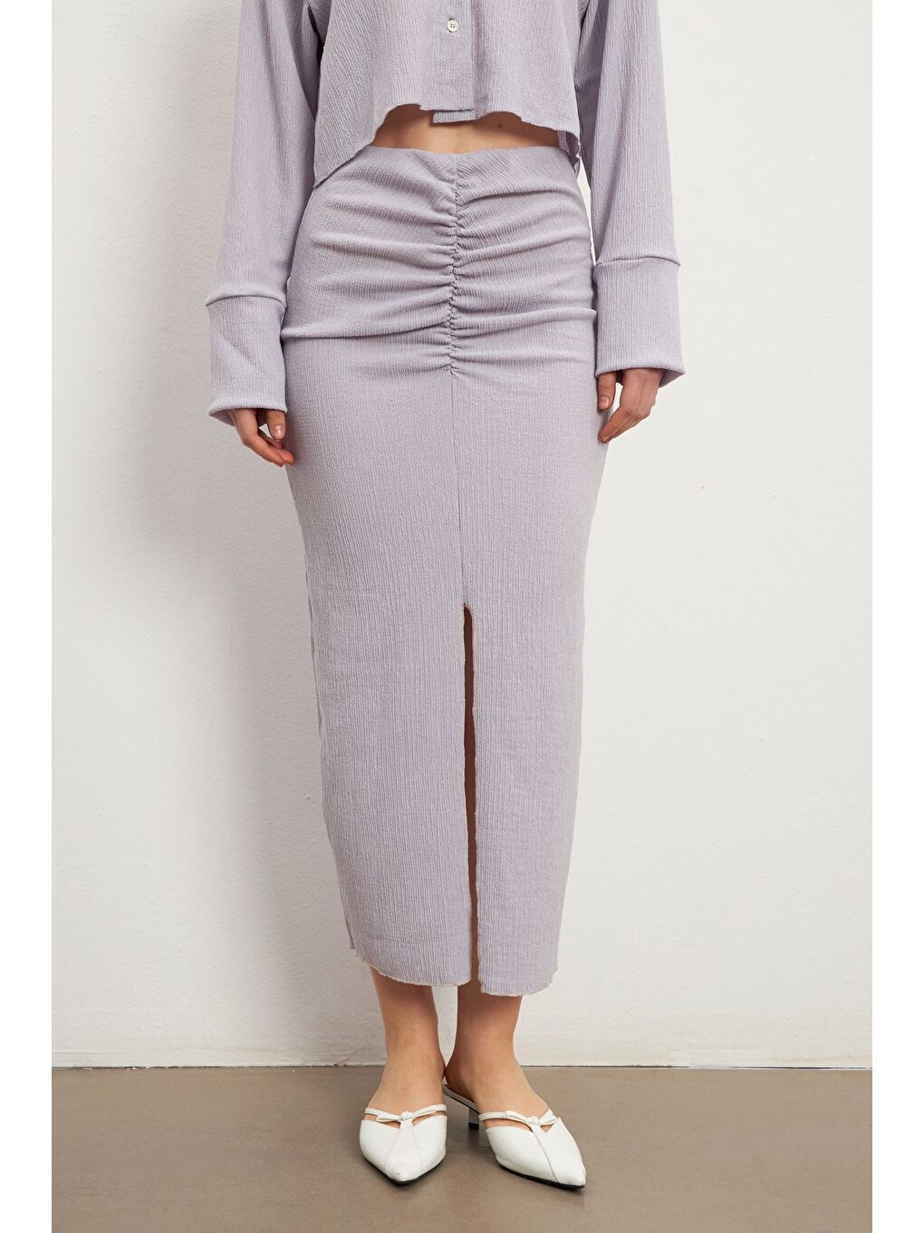 Kadın Lila Uzun Kollu Gömlek Yırtmaçlı Etek Krinkıl Takım-4