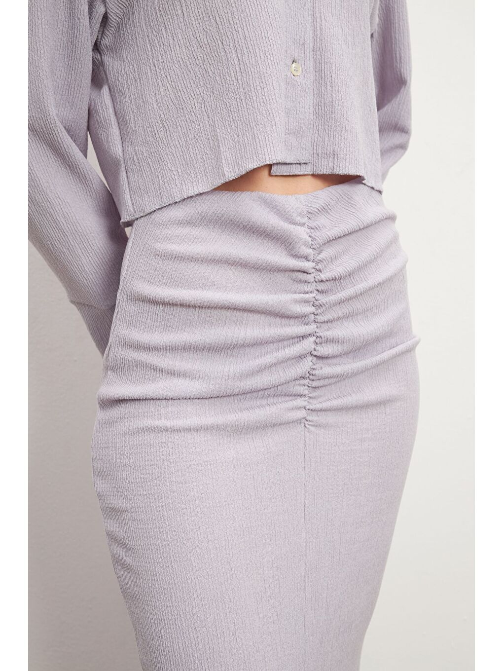 Kadın Lila Uzun Kollu Gömlek Yırtmaçlı Etek Krinkıl Takım-5