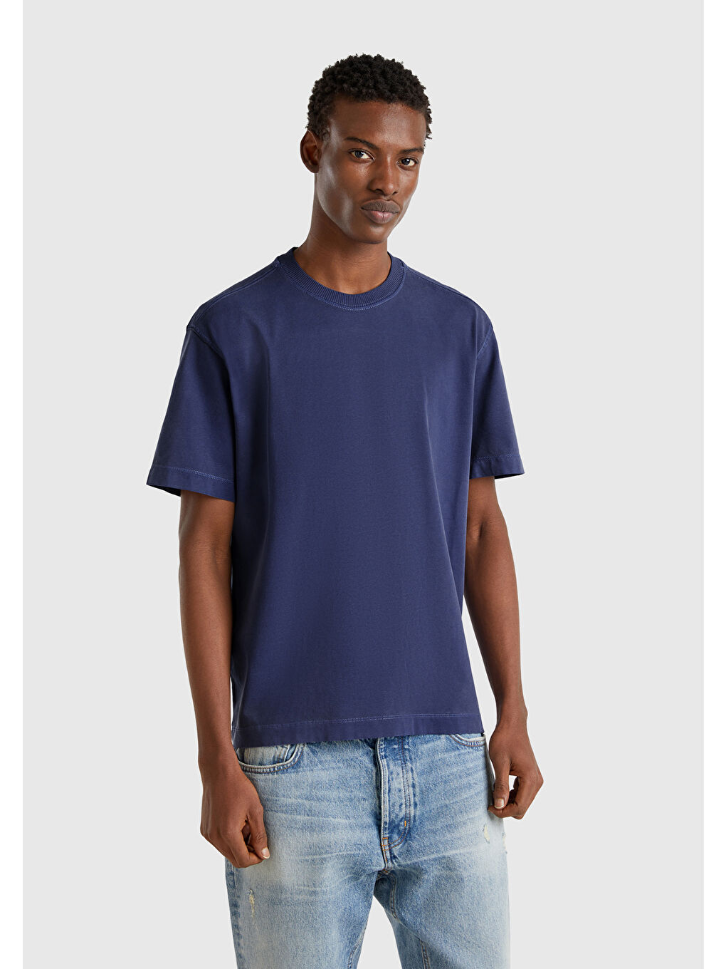 Erkek İndigo %100 Pamuk Logo Baskılı Relax Fit T-Shirt