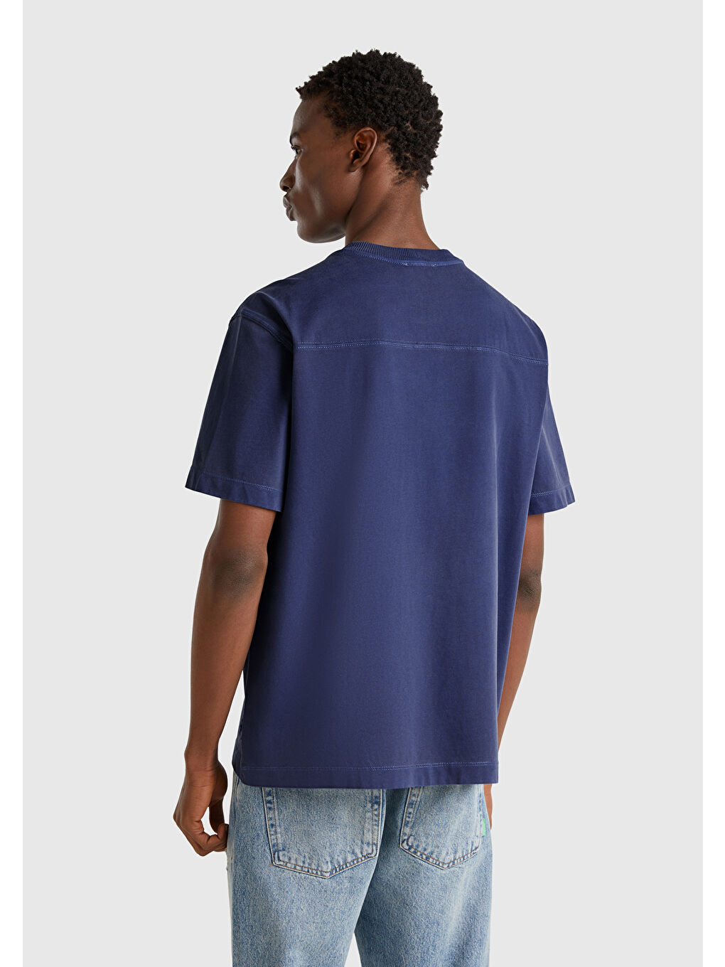 Erkek İndigo %100 Pamuk Logo Baskılı Relax Fit T-Shirt-2