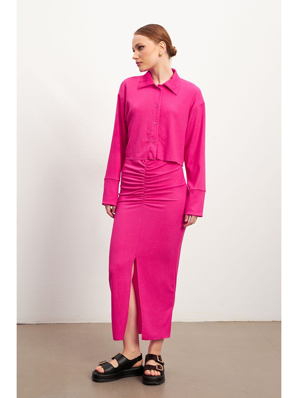 Pembe Kadın Fuşya Uzun Kollu Gömlek Yırtmaçlı Etek Krinkıl Takım-1