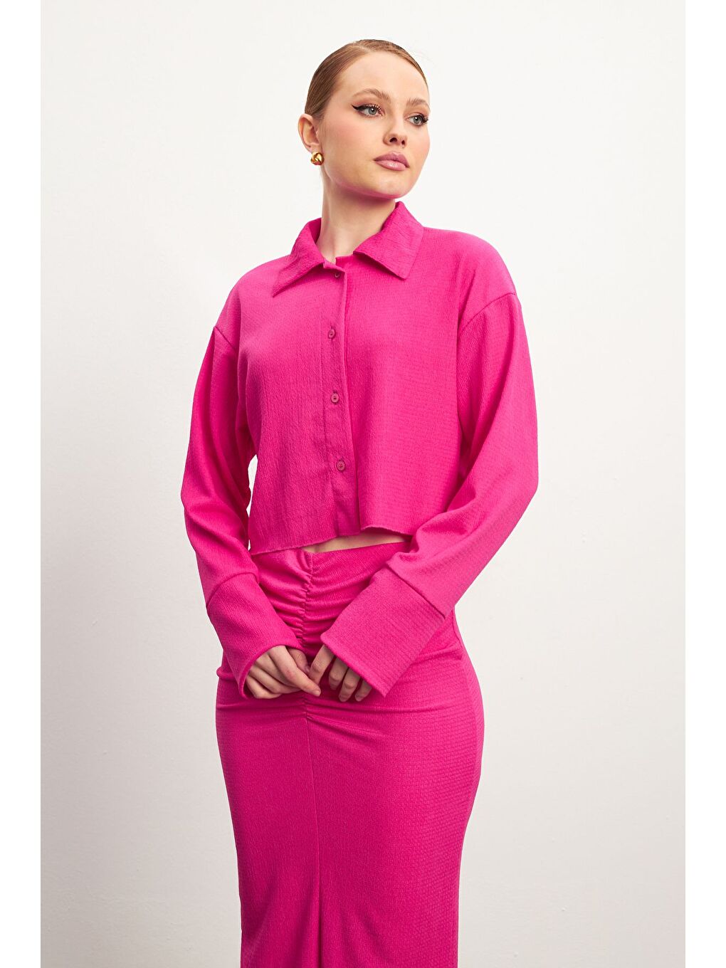 Pembe Kadın Fuşya Uzun Kollu Gömlek Yırtmaçlı Etek Krinkıl Takım-2