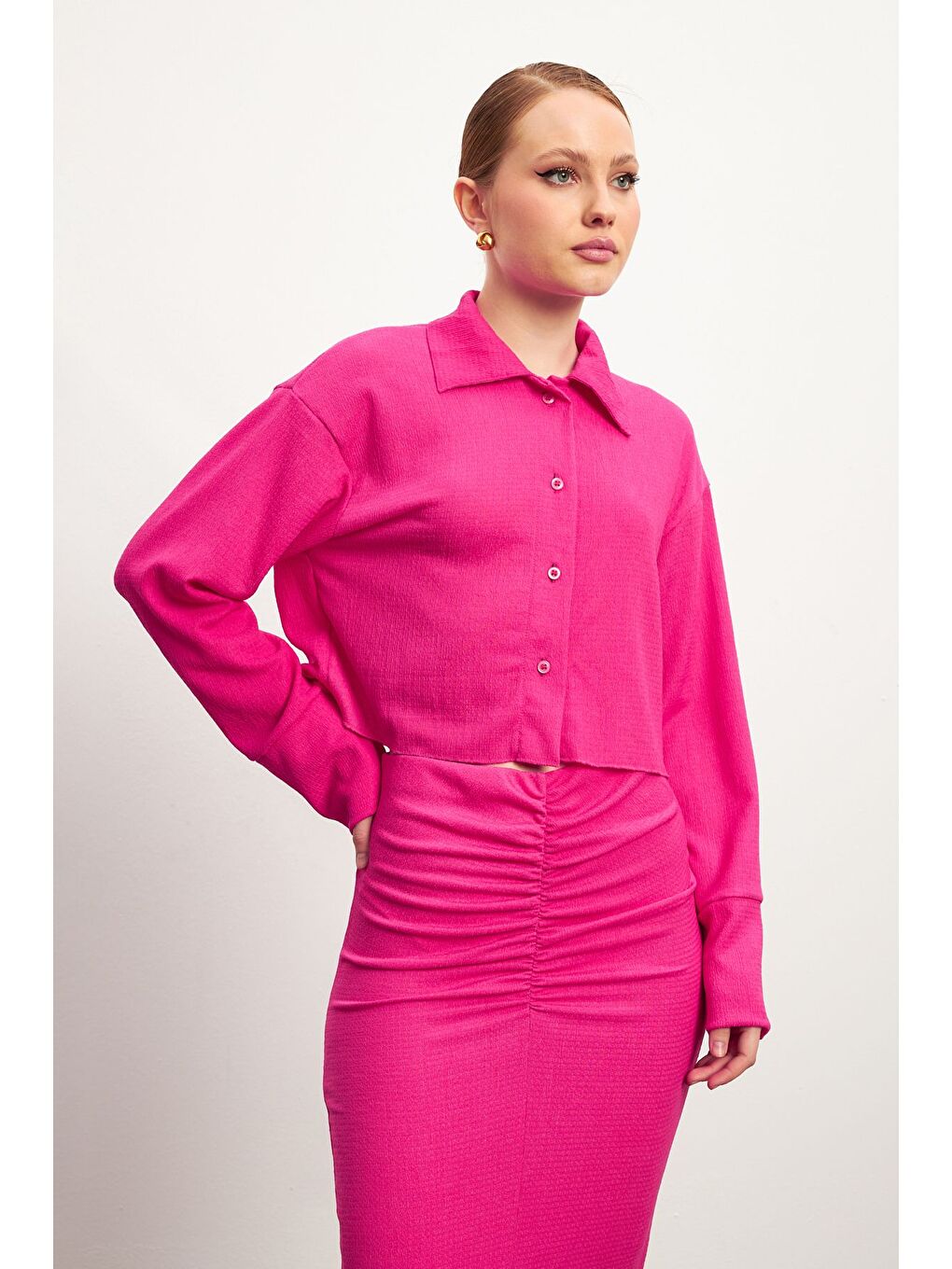 Pembe Kadın Fuşya Uzun Kollu Gömlek Yırtmaçlı Etek Krinkıl Takım-3