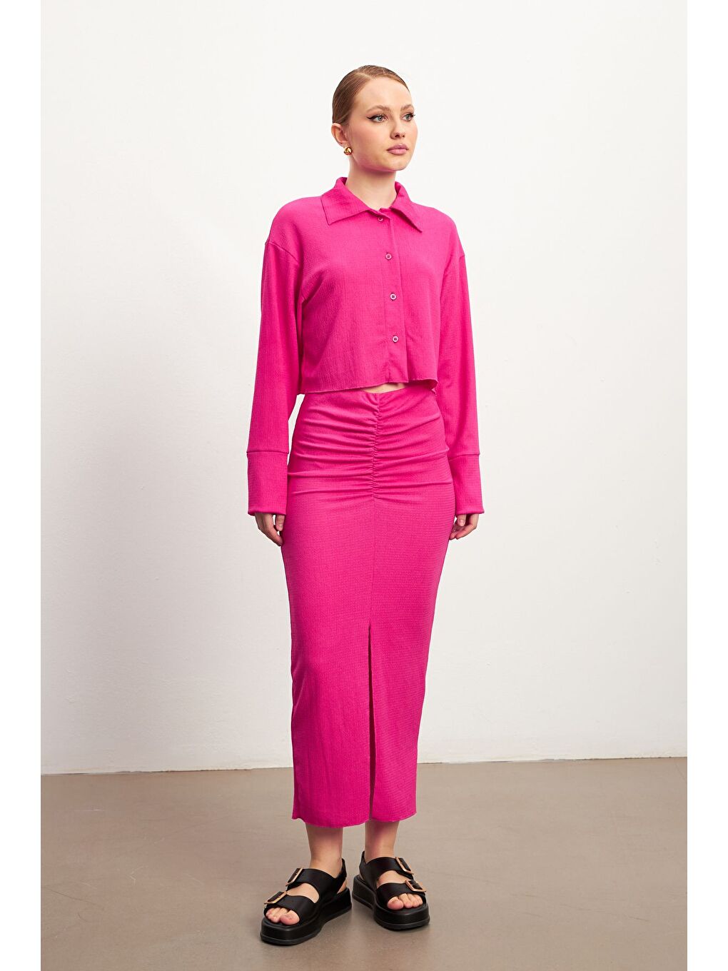 Pembe Kadın Fuşya Uzun Kollu Gömlek Yırtmaçlı Etek Krinkıl Takım-5