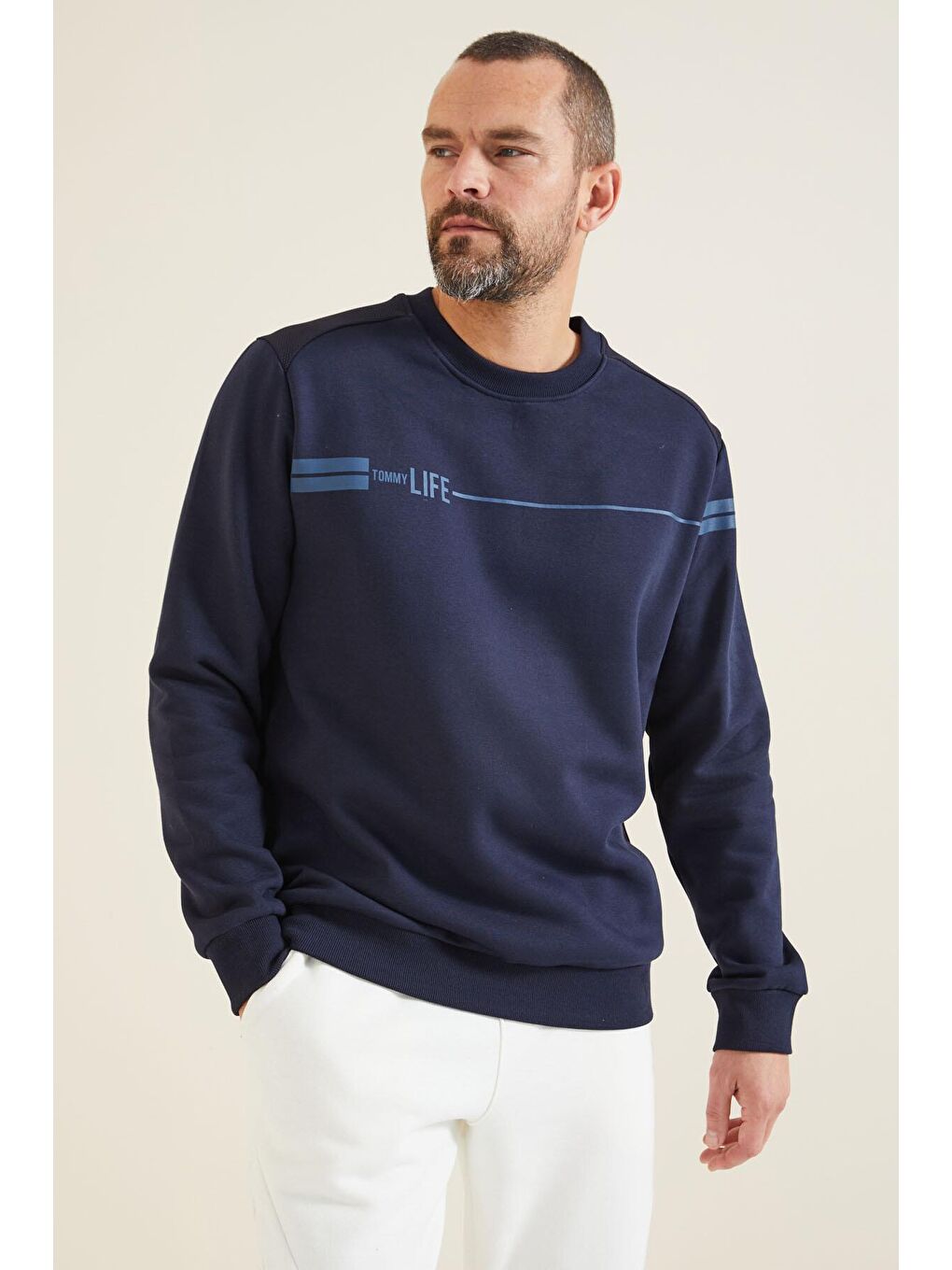 TOMMYLIFE İndigo O Yaka Rahat Form Erkek Sweatshirt - 88316 - 1