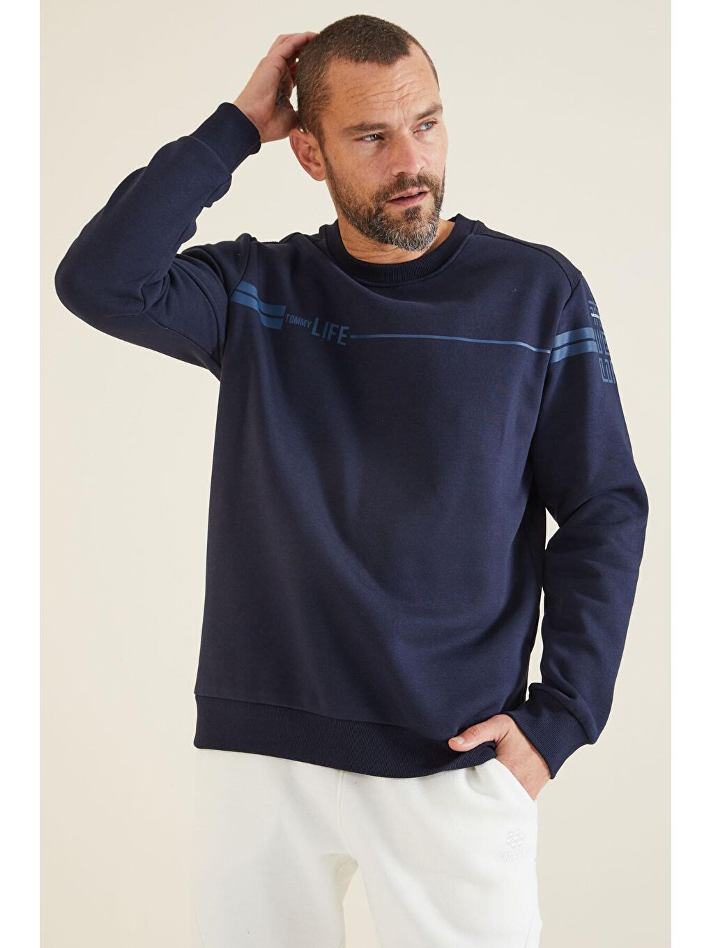 TOMMYLIFE İndigo O Yaka Rahat Form Erkek Sweatshirt - 88316 - 3