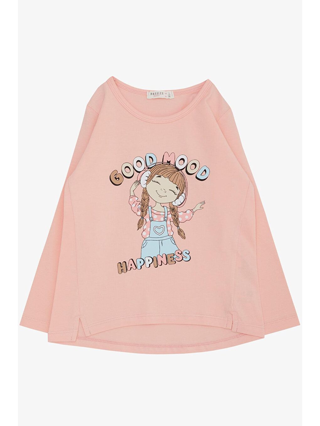 Pembe Kız Çocuk Uzun Kollu Tişört Müzik Dinleyen Mutlu Kız Baskılı Somon (3-6 Yaş)