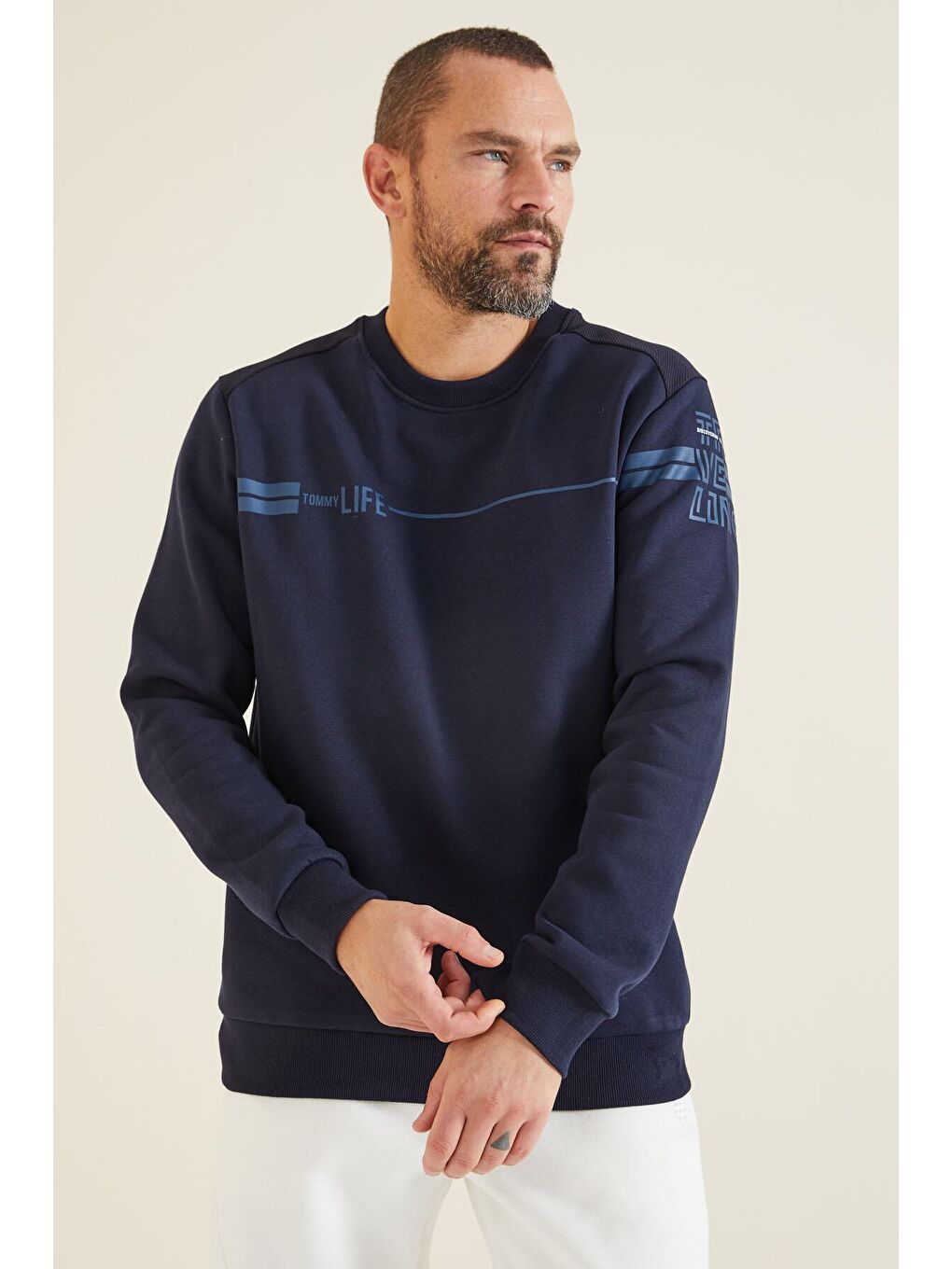 TOMMYLIFE İndigo O Yaka Rahat Form Erkek Sweatshirt - 88316 - 4