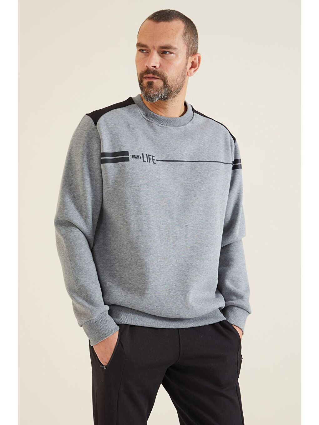 TOMMYLIFE Gri Melanj O Yaka Rahat Form Erkek Sweatshirt - 88316 - 2