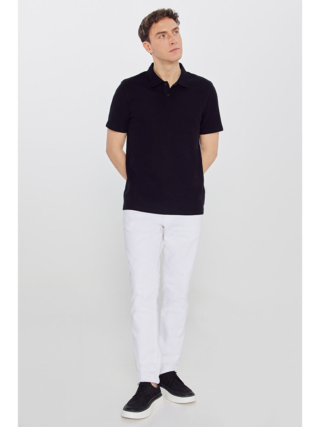 Erkek Siyah %100 Pamuk Slim Fit Dar Kesim Polo Yaka Jakarlı Triko Tişört-1