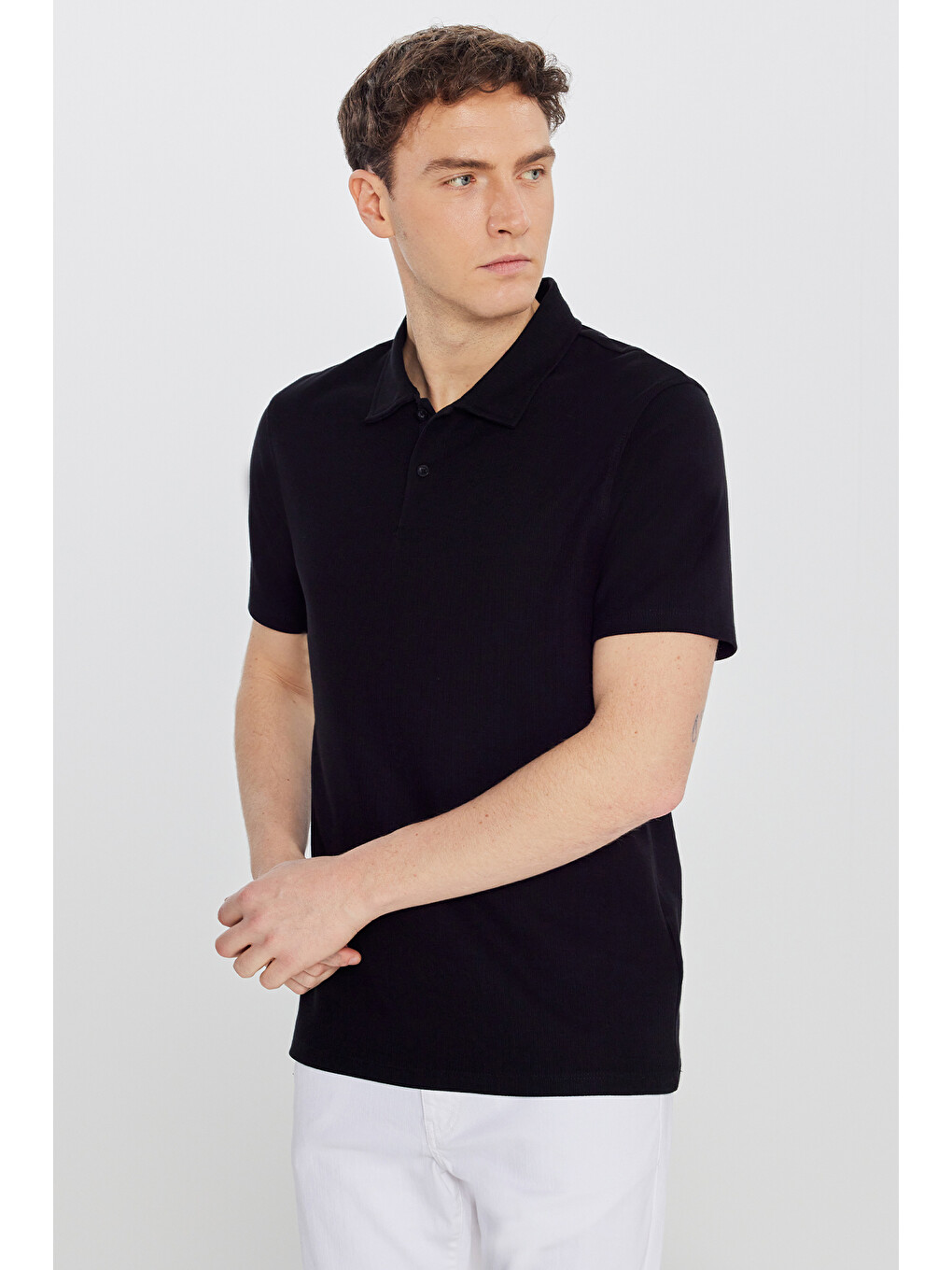 Erkek Siyah %100 Pamuk Slim Fit Dar Kesim Polo Yaka Jakarlı Triko Tişört-2