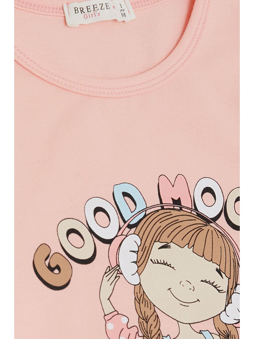 Pembe Kız Çocuk Uzun Kollu Tişört Müzik Dinleyen Mutlu Kız Baskılı Somon (3-6 Yaş)-2