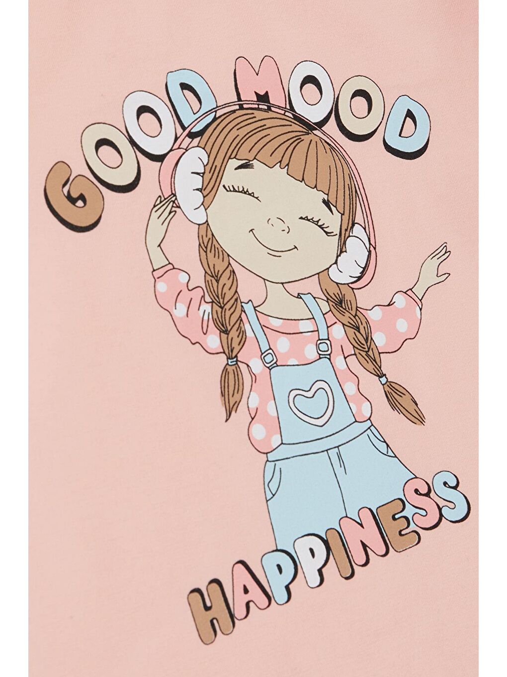 Pembe Kız Çocuk Uzun Kollu Tişört Müzik Dinleyen Mutlu Kız Baskılı Somon (3-6 Yaş)-3