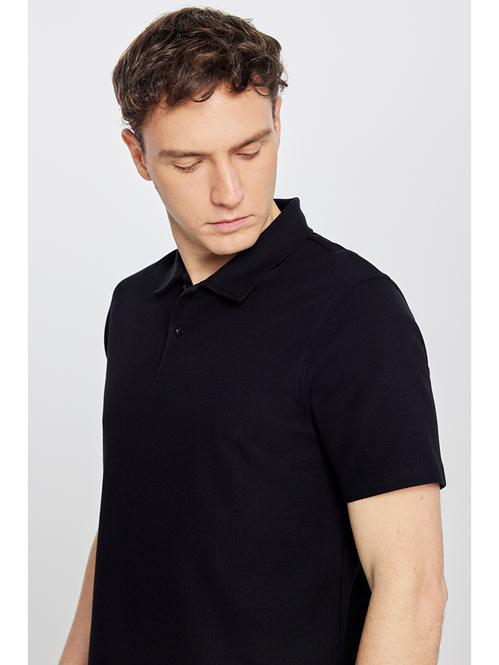 Erkek Siyah %100 Pamuk Slim Fit Dar Kesim Polo Yaka Jakarlı Triko Tişört-3