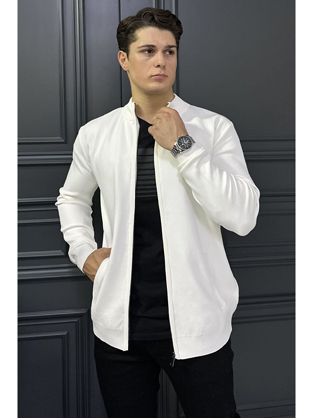 Ekru Erkek Fermuarlı Triko Hırka