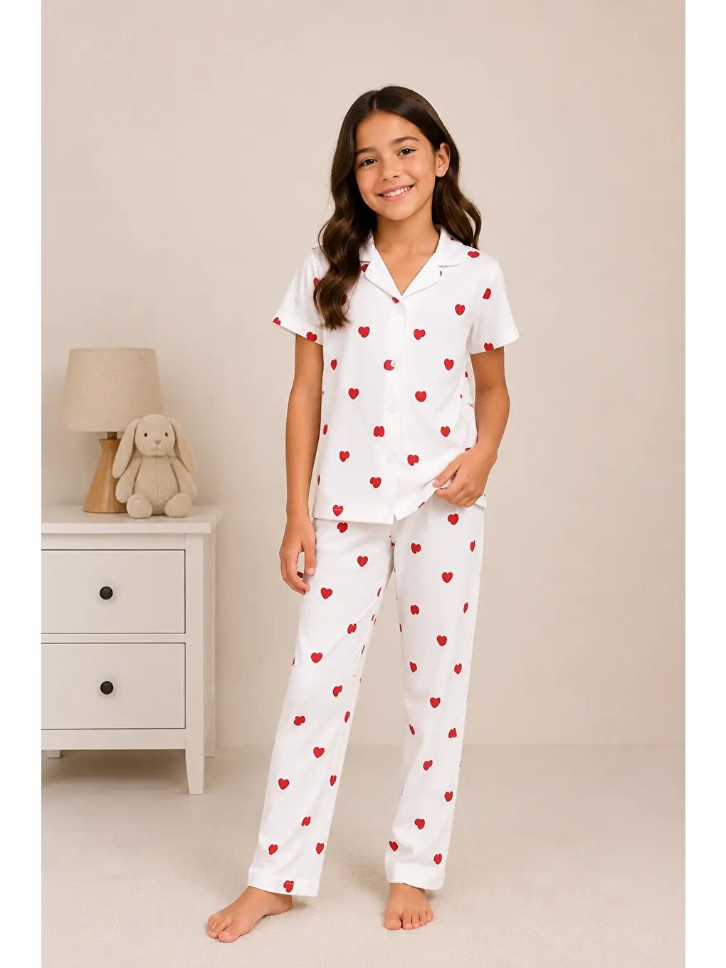 Beyaz Desenli Kız Çocuk Pijama Takımı 9929-4