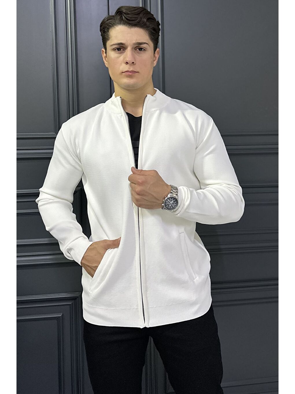 Ekru Erkek Fermuarlı Triko Hırka-1