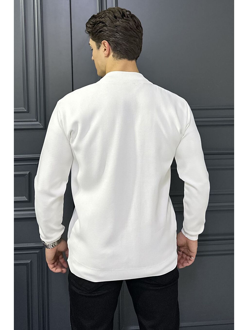 Ekru Erkek Fermuarlı Triko Hırka-2