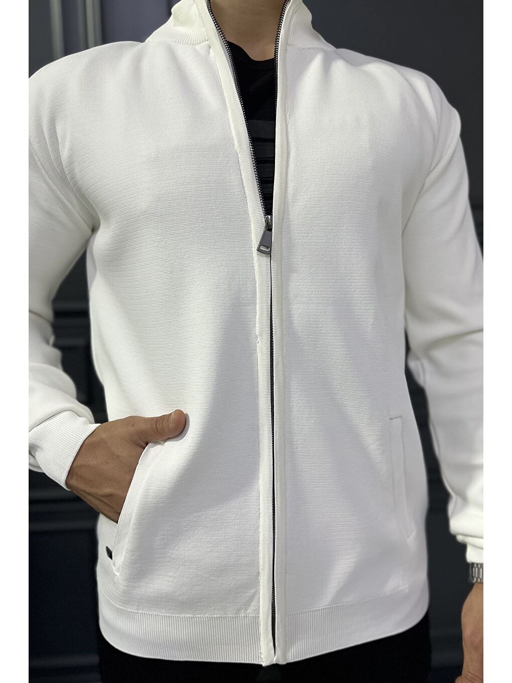 Ekru Erkek Fermuarlı Triko Hırka-3