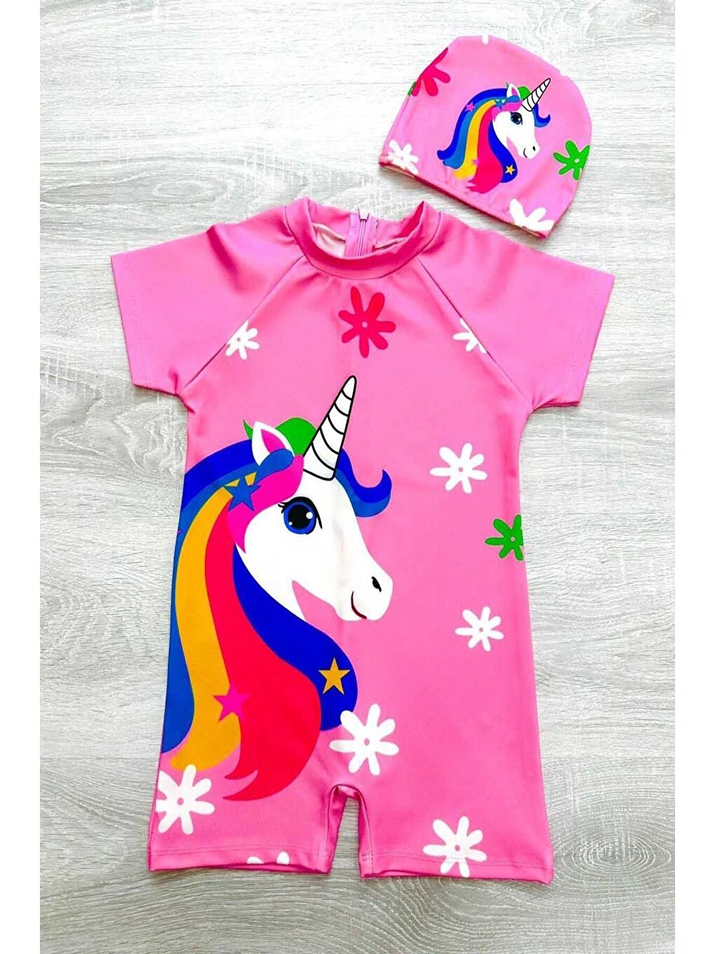 MY KIDS WEAR Beyaz Karakter Desenli Fermuarlı Kız Çocuk Mayo