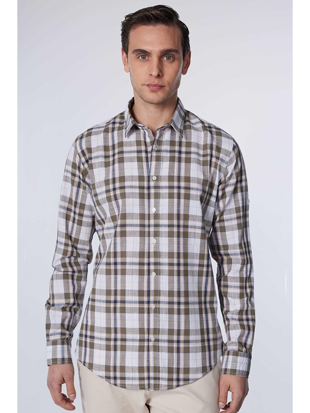 Karışık Slim Fit Uzun Kollu Dar Kalıp Kareli Keten Doku Yazlık Erkek Gömlek