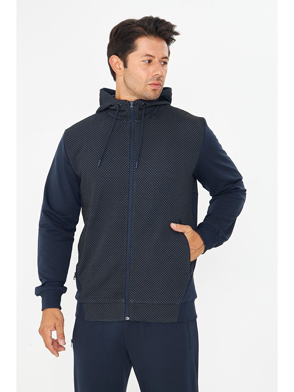 Erkek Tam Fermuarlı Kapüşonlu Eşofman Takımı İndigo 5816-İ-1