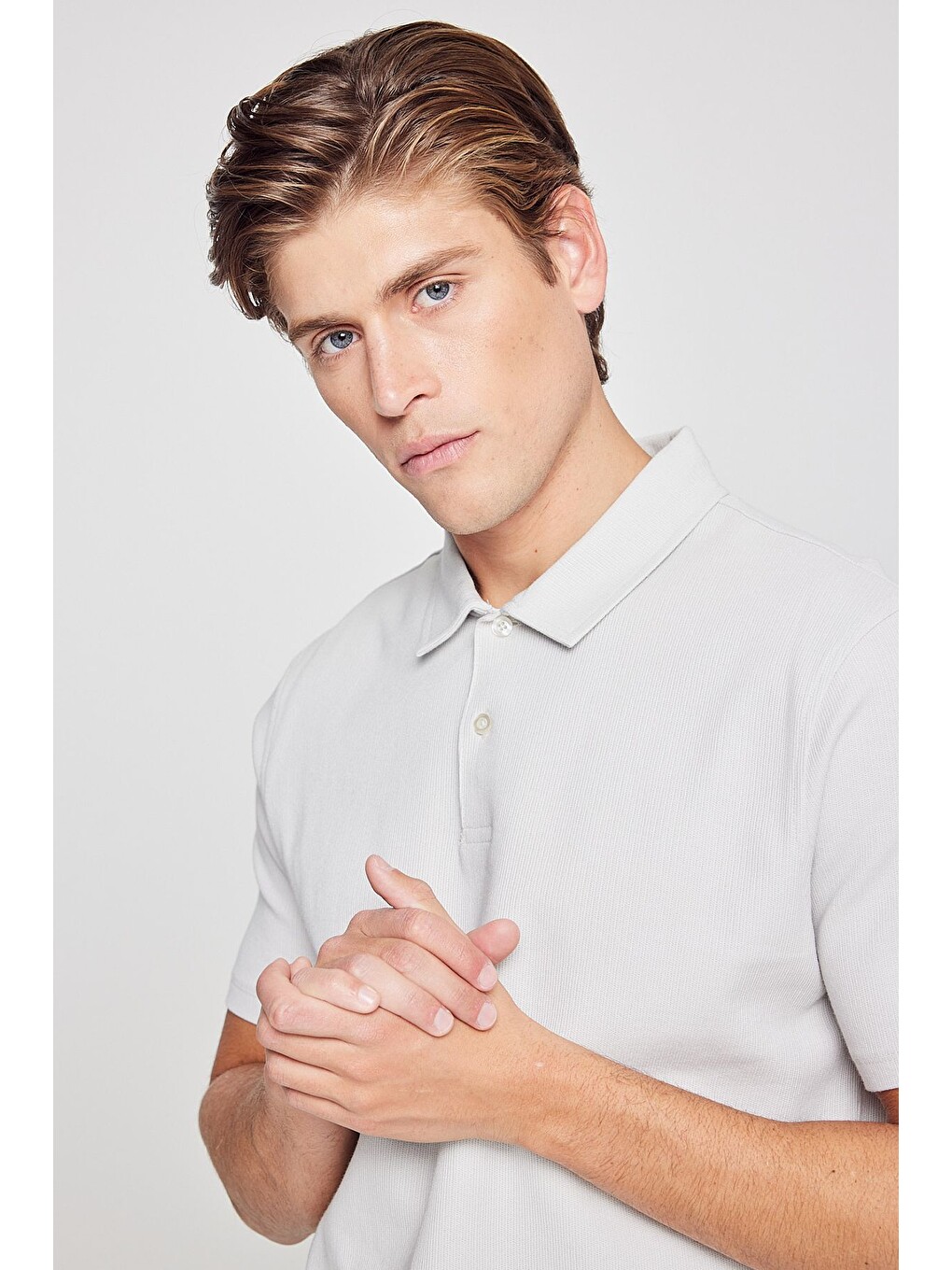 Erkek Gri %100 Pamuk Slim Fit Dar Kesim Polo Yaka Jakarlı Triko Tişört-3