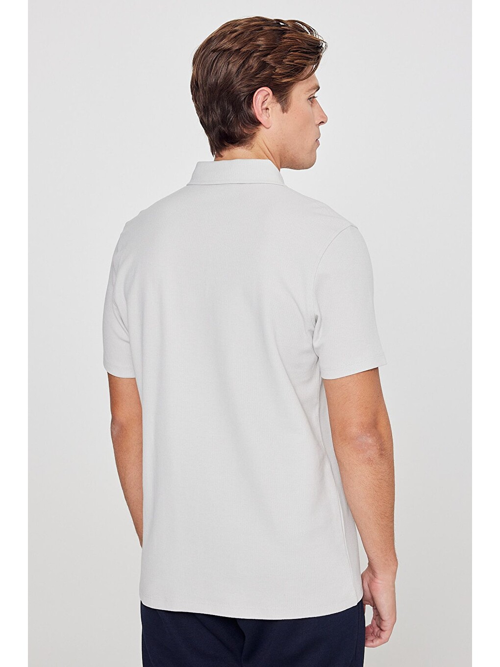 Erkek Gri %100 Pamuk Slim Fit Dar Kesim Polo Yaka Jakarlı Triko Tişört-4