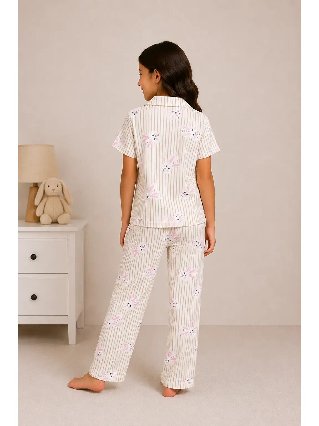 Ekru Desenli Kız Çocuk Pijama Takımı 9929-2