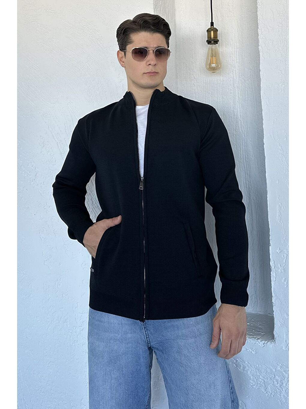 Lacivert Erkek Fermuarlı Triko Hırka-1