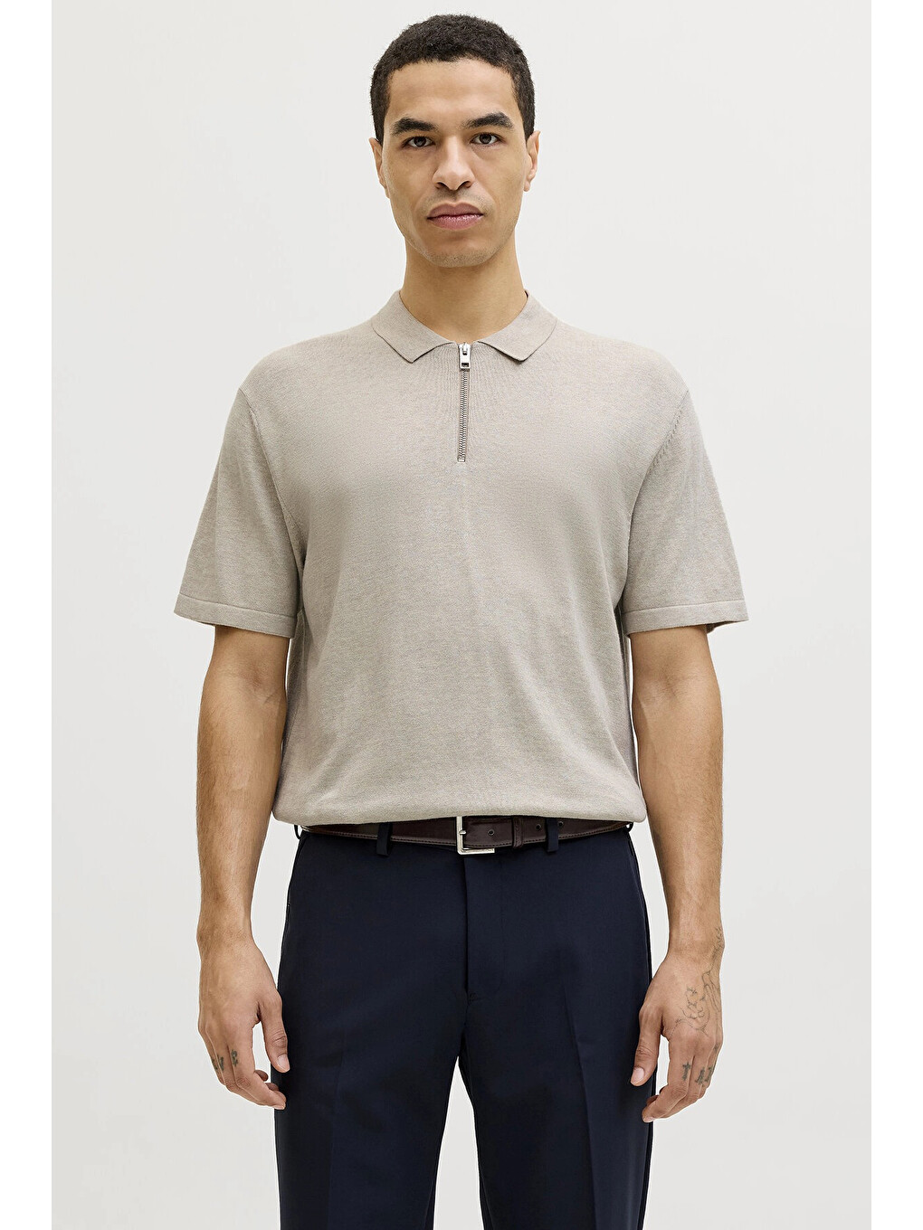Bej Essentials Jjeemil Pamuklu Fermuarlı Polo Yaka T Shirt  12288260