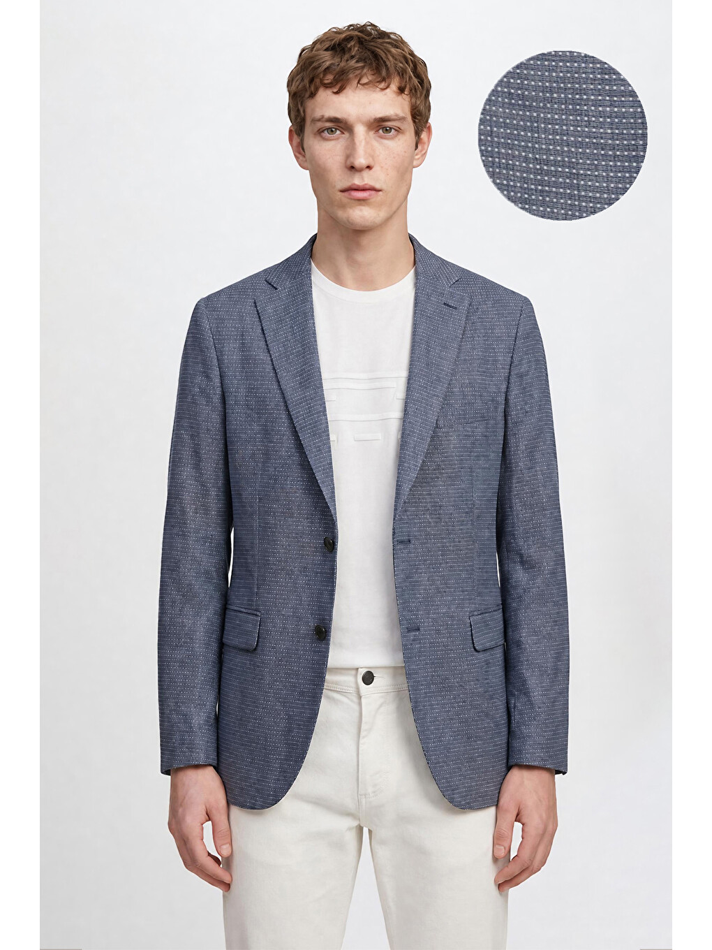 Erkek Mavi Yünlü Slim Fit Dar Kesim Mono Yaka Kapak Cepli Armürlü Blazer Ceket