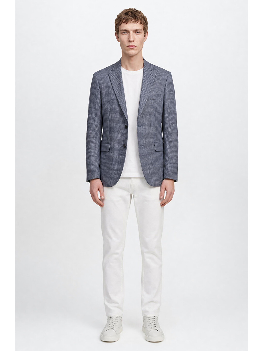 Erkek Mavi Yünlü Slim Fit Dar Kesim Mono Yaka Kapak Cepli Armürlü Blazer Ceket-1