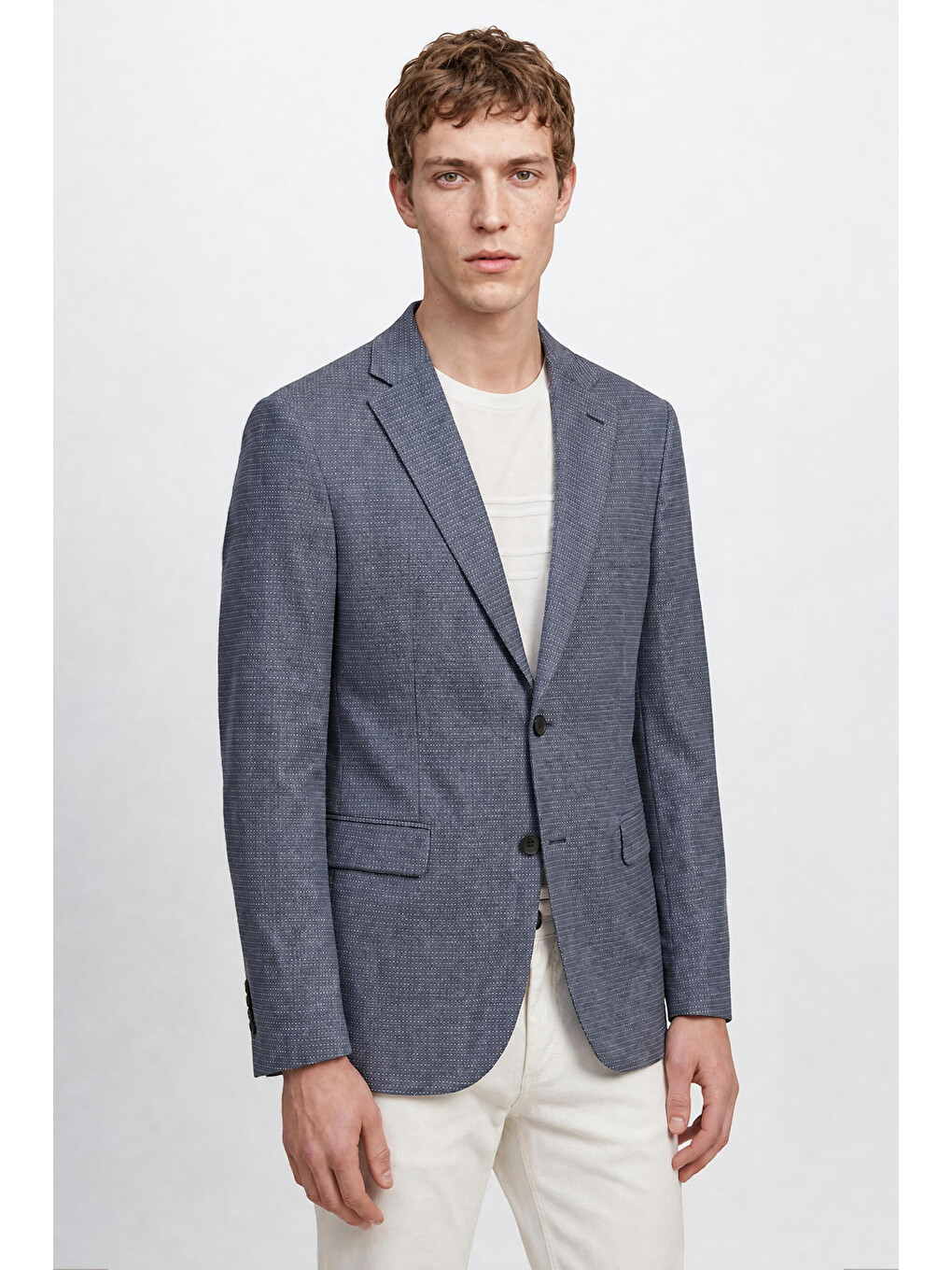 Erkek Mavi Yünlü Slim Fit Dar Kesim Mono Yaka Kapak Cepli Armürlü Blazer Ceket-2