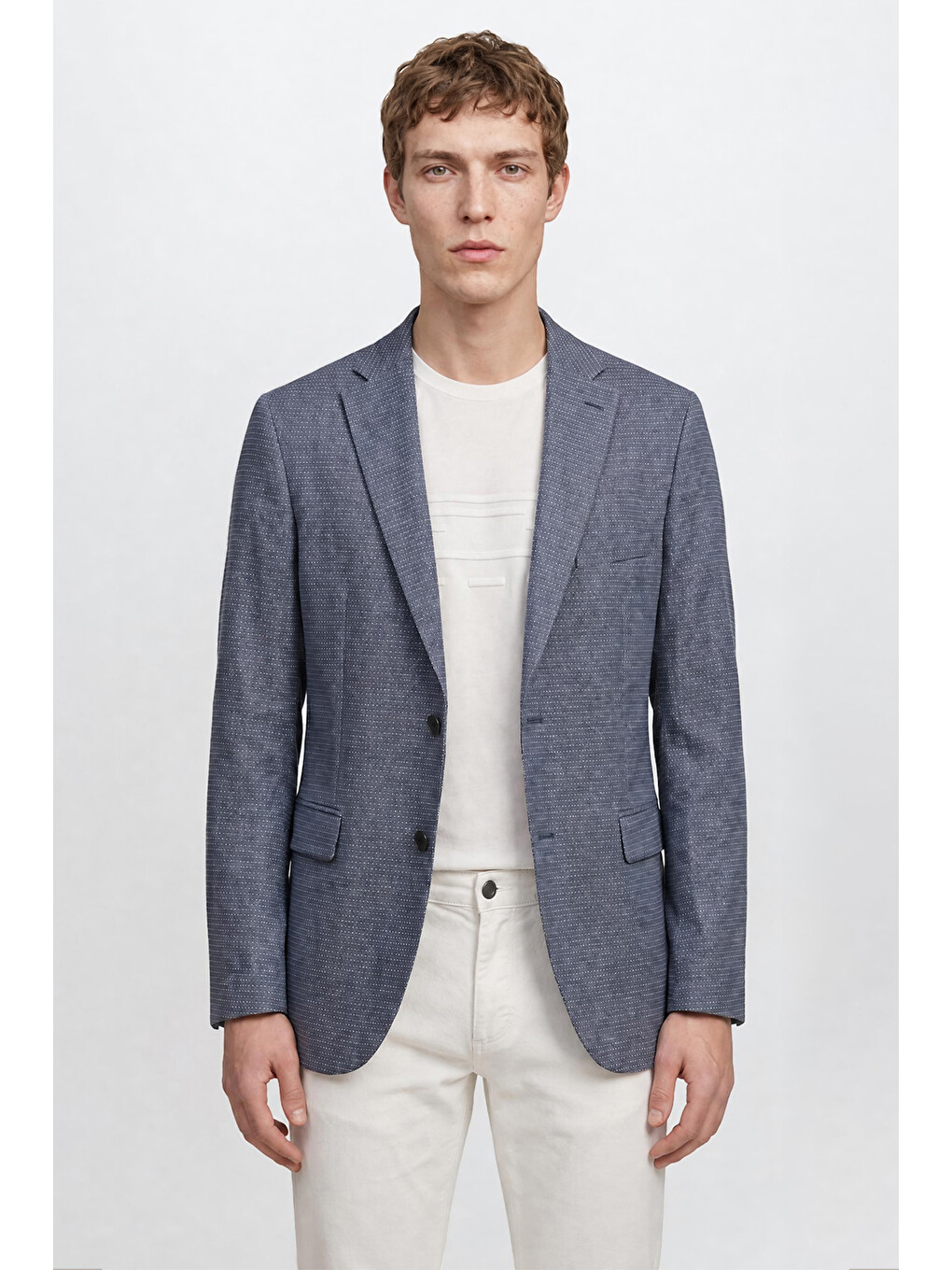 Erkek Mavi Yünlü Slim Fit Dar Kesim Mono Yaka Kapak Cepli Armürlü Blazer Ceket-3