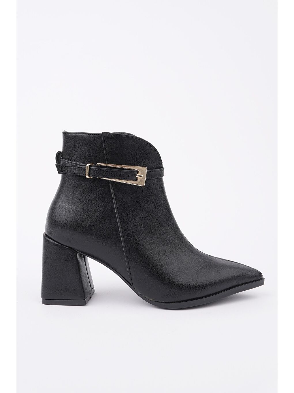 Siyah GLORİA Sivri Burun Kemer Detaylı Kalın Topuklu Fermuarlı Kadın Bot
