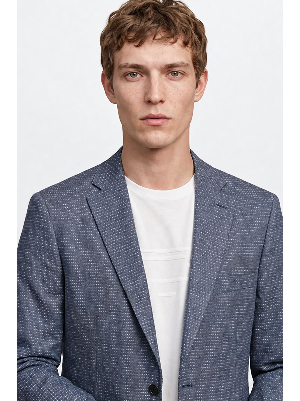 Erkek Mavi Yünlü Slim Fit Dar Kesim Mono Yaka Kapak Cepli Armürlü Blazer Ceket-4