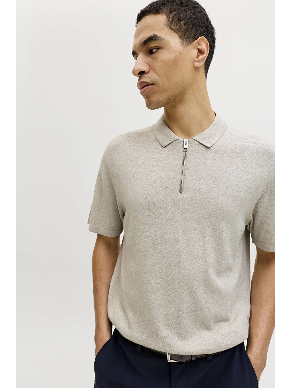 Bej Essentials Jjeemil Pamuklu Fermuarlı Polo Yaka T Shirt  12288260-3