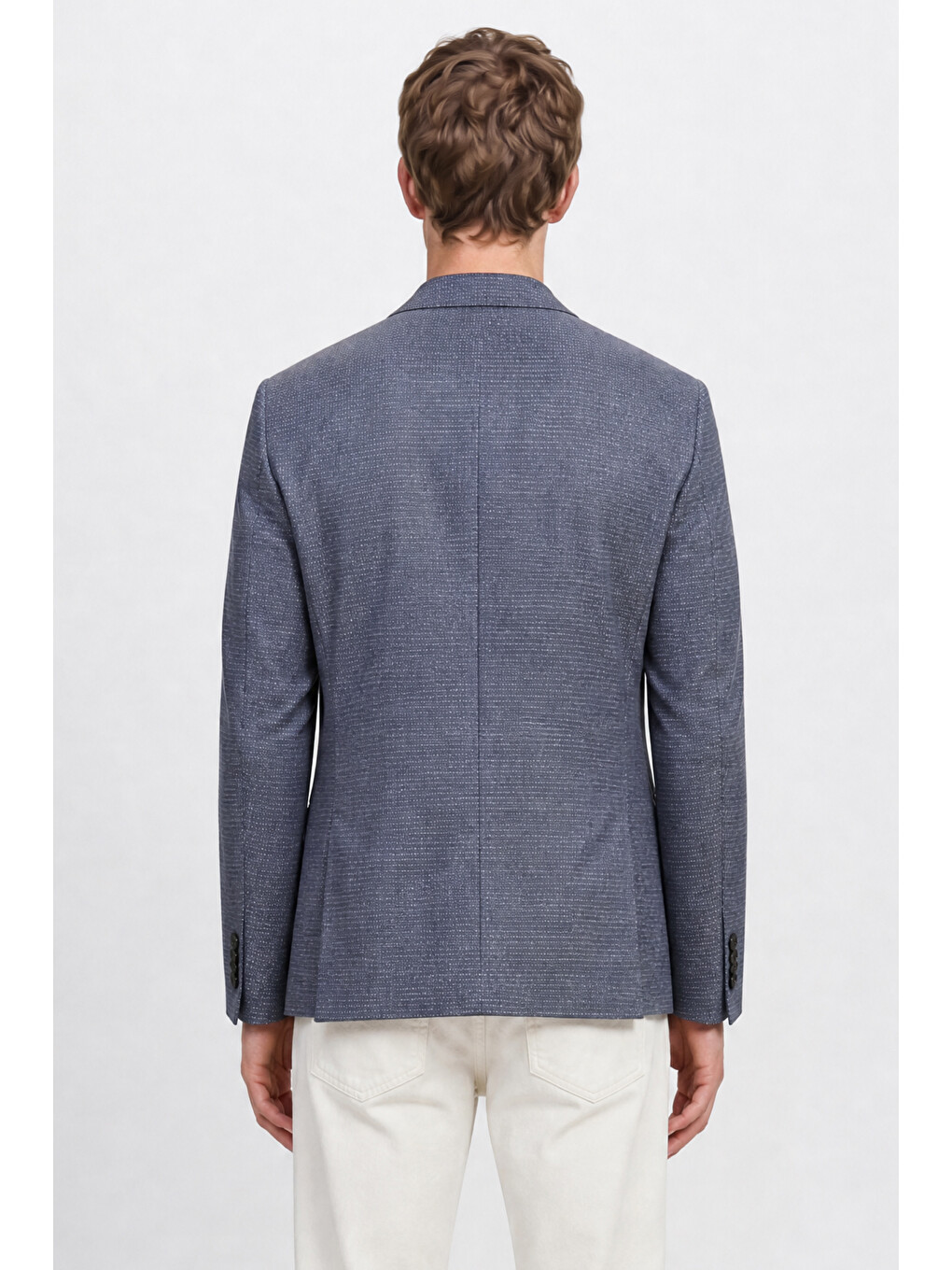 Erkek Mavi Yünlü Slim Fit Dar Kesim Mono Yaka Kapak Cepli Armürlü Blazer Ceket-5