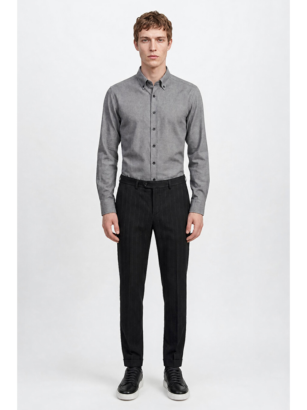 Erkek Gri Pamuklu Slim Fit Dar Kesim Düğmeli Yaka Diagonal Desenli Flanel Gömlek-1