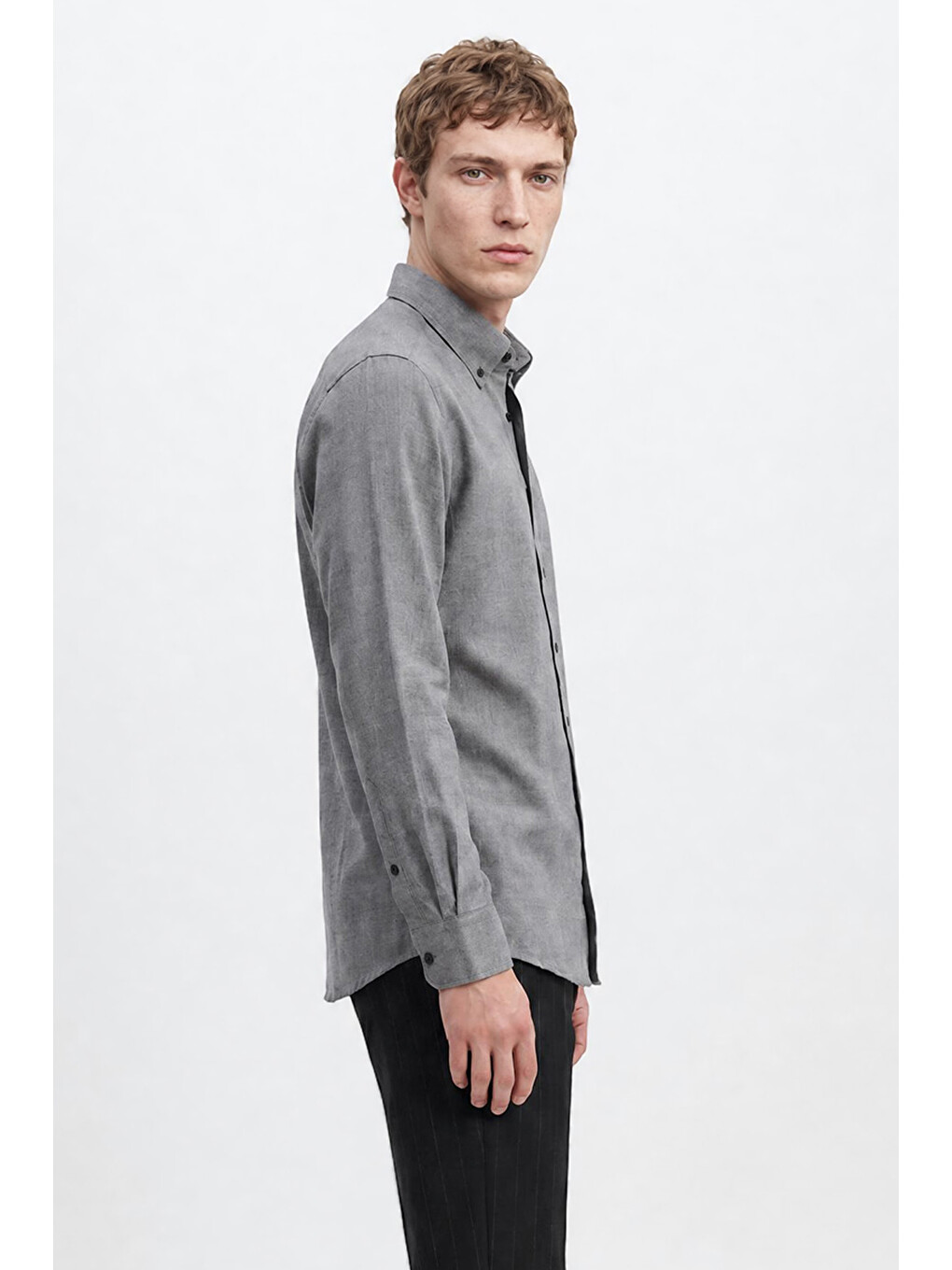 Erkek Gri Pamuklu Slim Fit Dar Kesim Düğmeli Yaka Diagonal Desenli Flanel Gömlek-2