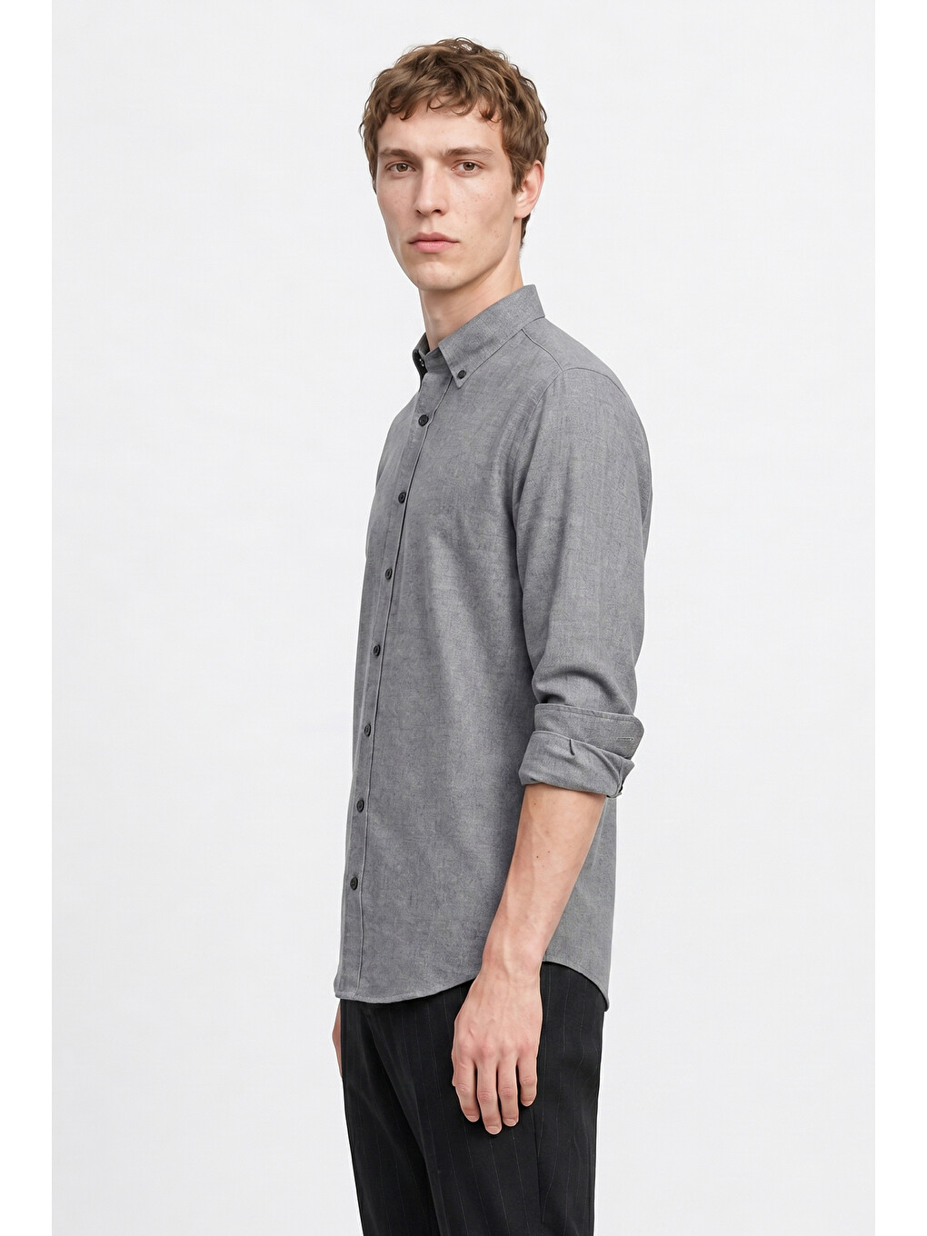 Erkek Gri Pamuklu Slim Fit Dar Kesim Düğmeli Yaka Diagonal Desenli Flanel Gömlek-3