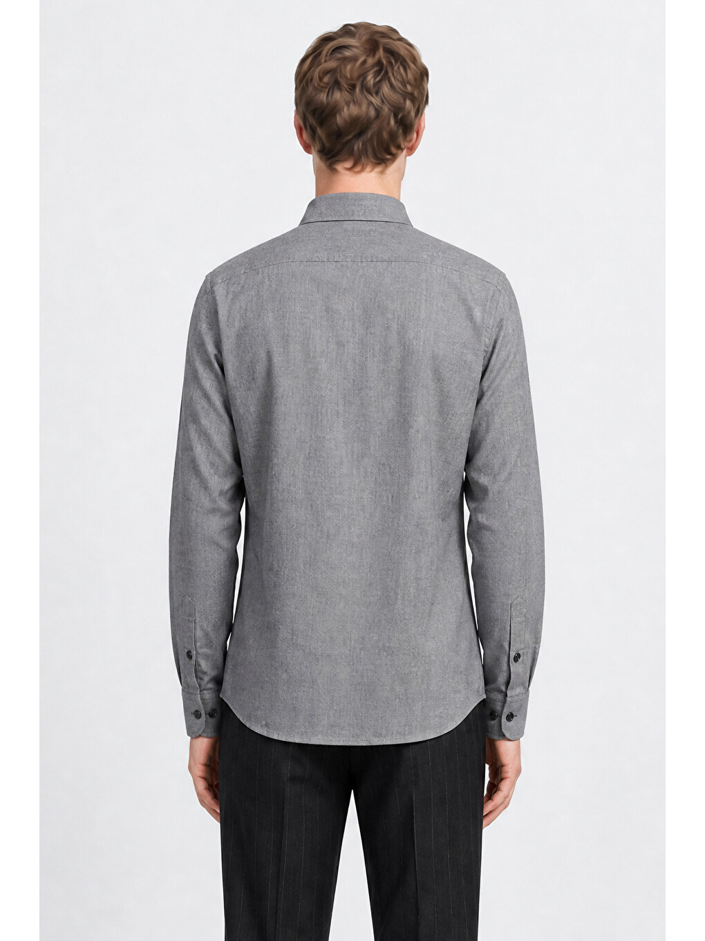 Erkek Gri Pamuklu Slim Fit Dar Kesim Düğmeli Yaka Diagonal Desenli Flanel Gömlek-4