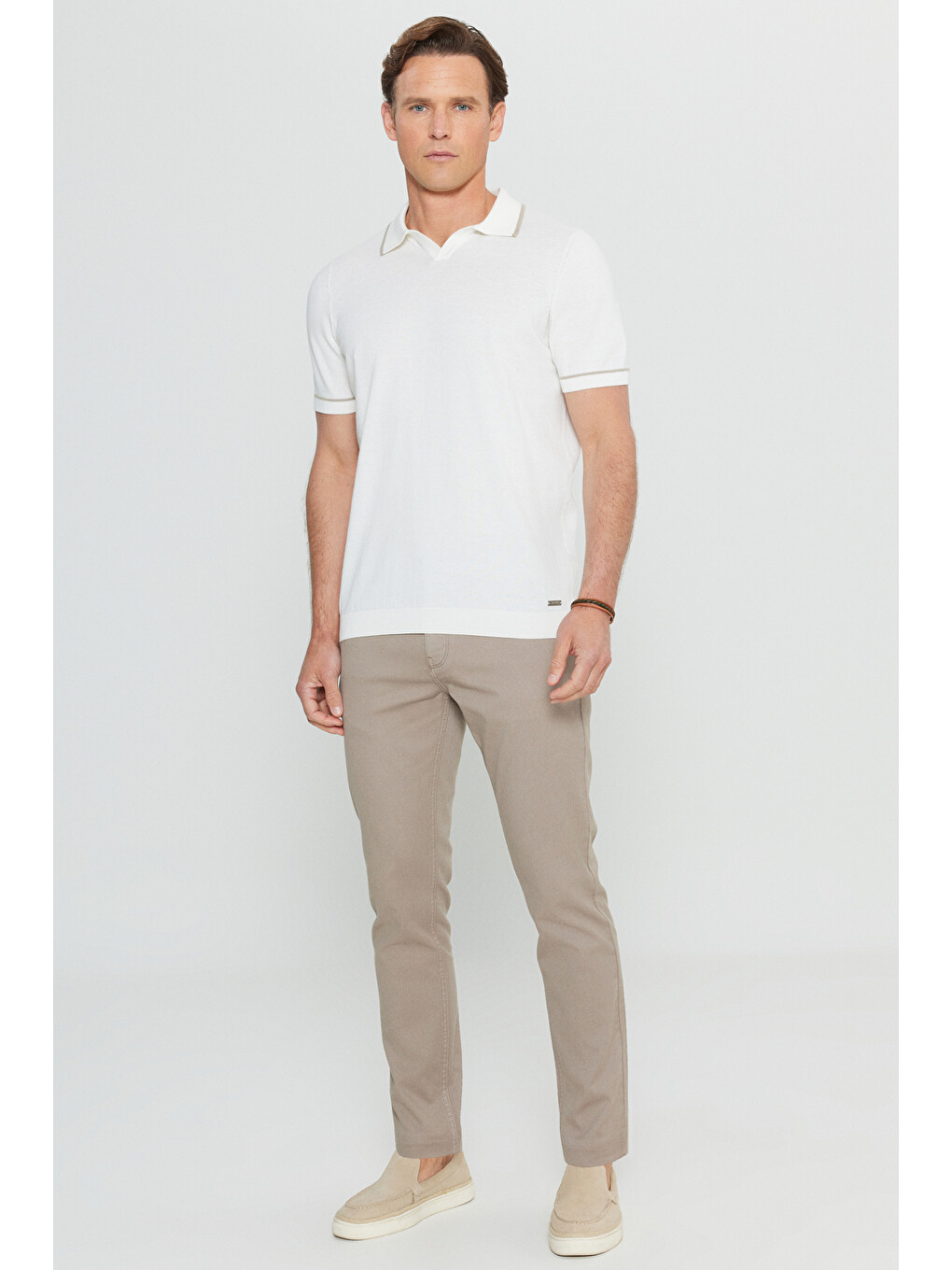 Erkek Ekru %100 Pamuk Standart Fit Normal Kesim Polo Yaka Triko Tişört-1